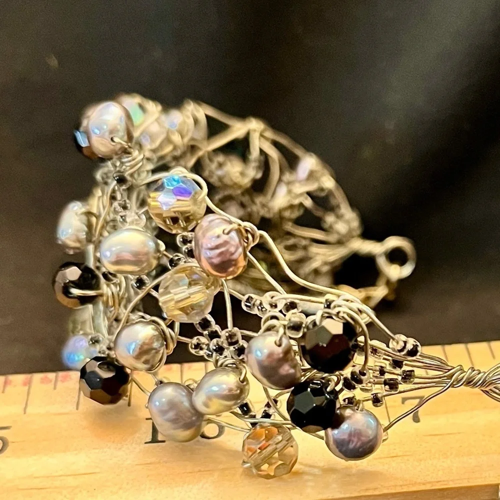 Vintage Handmade Wire Wrapped Bracelet Freshwater Pearl Aurora Borealis Bead Art